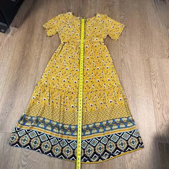 Natura Yellow Floral Boho Maxi Dress XS Tribal Border Hem - Picture 8 of 12